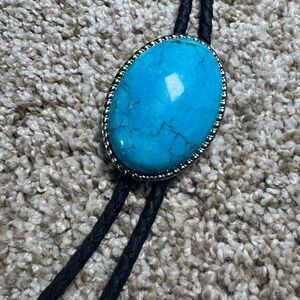 Mens Western Bolo Tie Turquoise Oval Stone Silver Tone Braided Black Cord